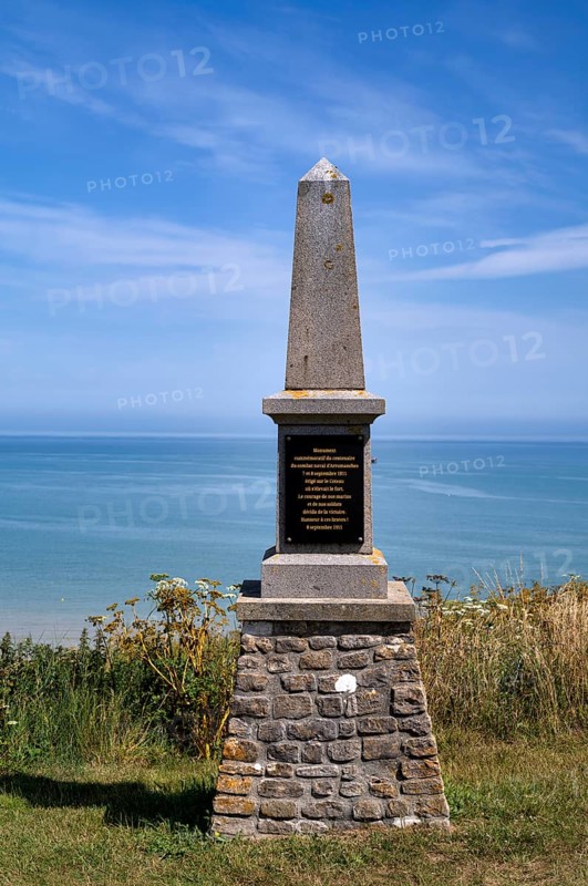 Memorial, monument in honour of the naval battle La Bataille d'Arromanches against three English warships, Arromanches-les-Bains, Normandy, Calvados, France