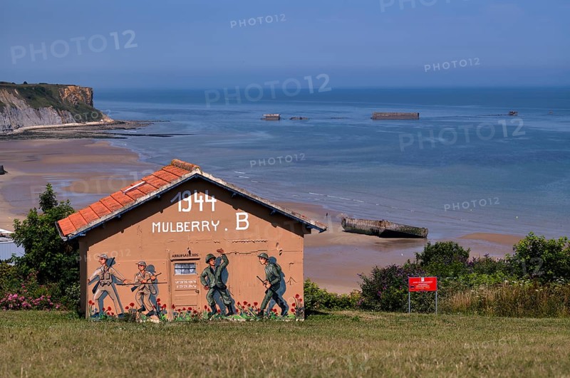 Shack depicting the Allied landing, Phoenix Caissons, caissons, concrete boxes, were used in the sea as breakwaters and to form an improvised harbour, Mulberry B Harbour, Mulberry Harbour, Port Winston, Gold Beach, beach, D-Day, Operation Overlord, Arromanches-les-Bains, Normandy, Calvados, France