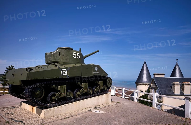 US-American Sherman tank Berry au Bac, emblem of the French liberation army, standing on the former casemate of a German resistance nest, D-Day, Operation Overlord, Arromanches-les-Bains, Normandy, Calvados, France