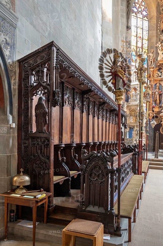 Choir stalls in Überlingen Minster, St Nicholas, built in 1350 and 1576 in the late Gothic style, Überlingen, Baden-Württemberg, Germany