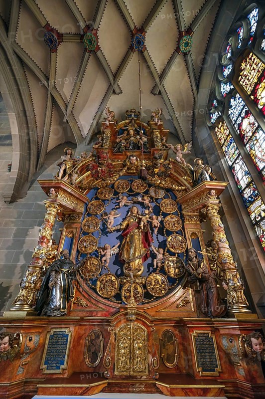 Rosary altar carved by David Zürn in 1631, Überlingen Minster, St Nicholas, built in 1350 and 1576 in the late Gothic style, Überlingen, Baden-Württemberg, Germany
