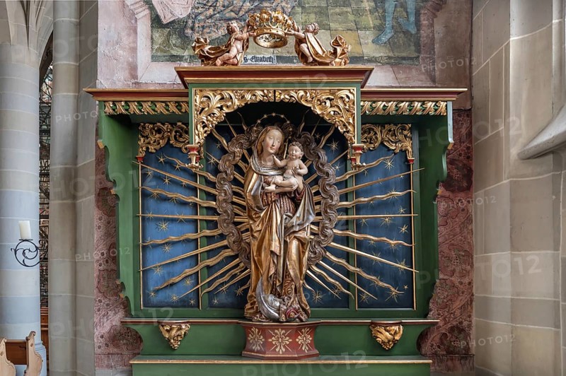 Madonna on the crescent moon, 1510, attributed to Gregor Erhart, side chapel in Überlingen Minster, St Nicholas, built in 1350 and 1576 in the late Gothic style, Überlingen, Baden-Württemberg, Germany