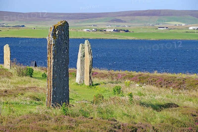 Ancient stones at the edge of a blue lake with green hills in the background, Ring of Brodgar, stone circle, Mainland, Orkney Islands, Scotland, Great Britain