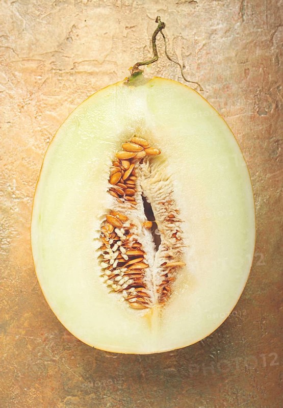 Fresh melon in section, half melon, chardzhuiskaya variety, gulabi melon, top view