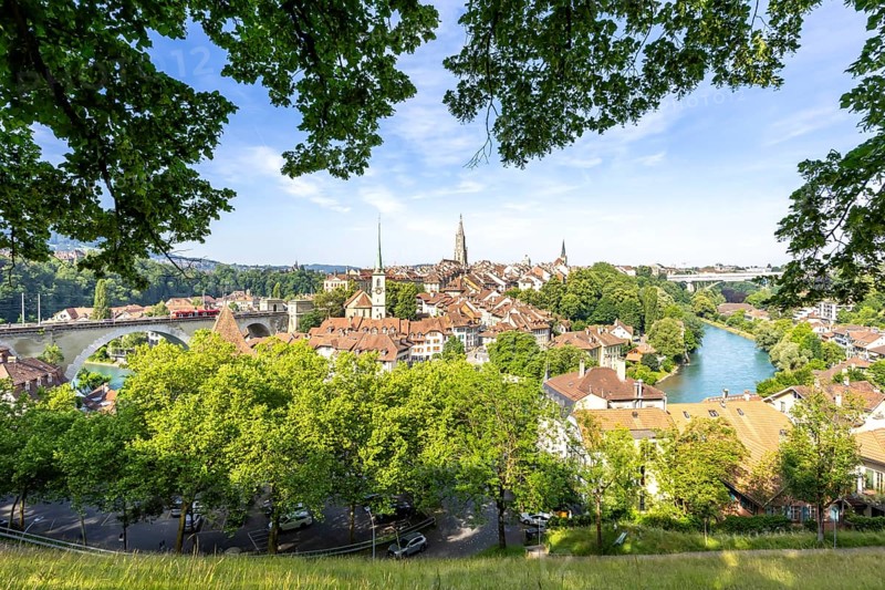 Bern City on the River Aare Old Town with Bern Minster Church in Bern, Switzerland