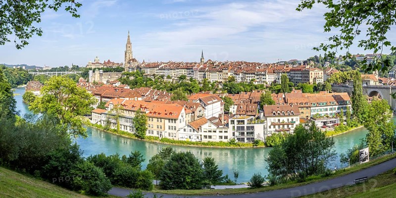 Bern City on the River Aare Old Town with Church Bern Cathedral Panorama in Bern, Switzerland
