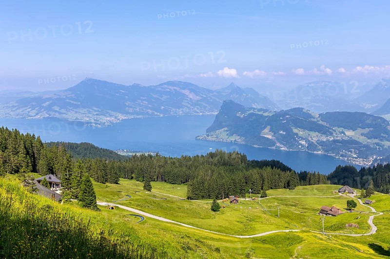 View from Fräkmündegg on Mount Pilatus to Lake Lucerne in the Swiss Alps in Pilatus, Switzerland