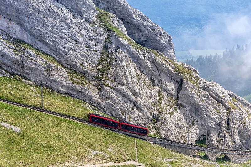 Pilatus railway cogwheel railway just in front of the summit of Mount Pilatus in the Swiss Alps in Pilatus, Switzerland