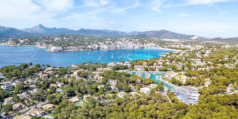 Santa Ponsa on Majorca aerial view from above holiday by the sea beach bay with boats travel panorama in Santa Ponsa, Spain