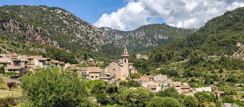 Valldemossa village on Majorca with church panoramic holiday at the Serra de Tramuntana trip in Valldemossa, Spain