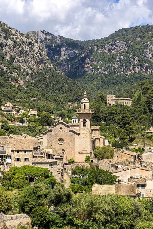 Valldemossa village on Majorca with church Holiday at the Serra de Tramuntana Travel in Valldemossa, Spain