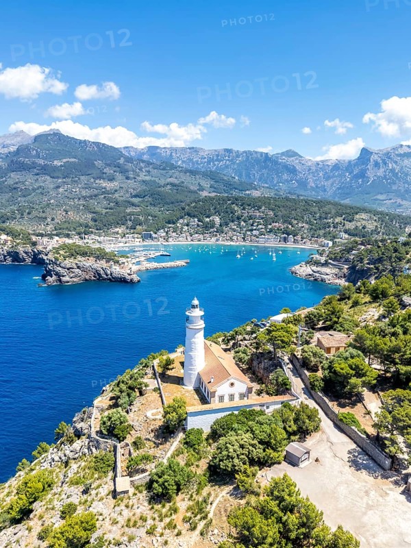 Port de Soller on Majorca with lighthouse aerial view holiday by the sea trip in Spain