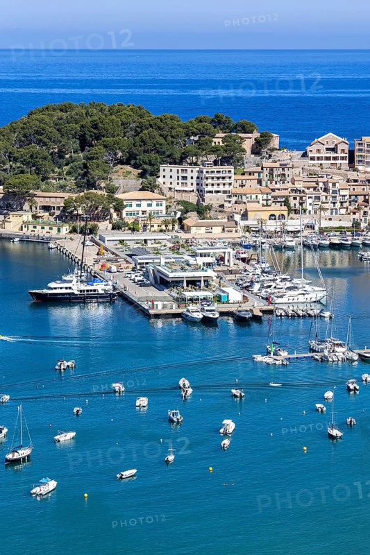 Port de Soller on Majorca from above Holiday by the sea harbour with boats trip in Port de Sóller, Spain