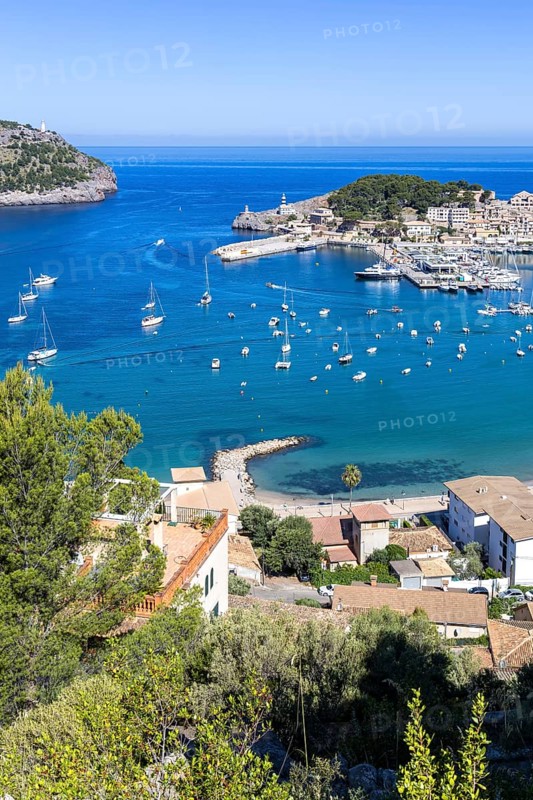 Port de Soller on Majorca from above holiday by the sea beach harbour with boats trip in Port de Sóller, Spain