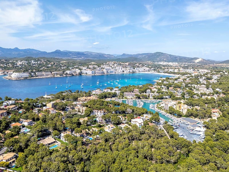 Santa Ponsa on Majorca aerial view from above holiday by the sea beach bay with boats trip in Santa Ponsa, Spain