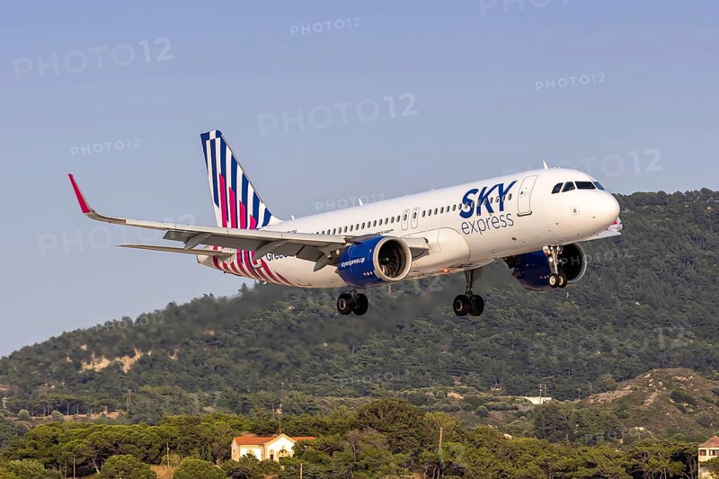 An Airbus A320neo aircraft of SKY Express with the registration SX-GNA at Rhodes Airport, Greece