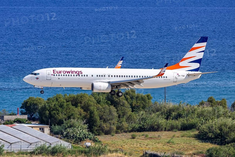 A Boeing 737-800 Eurowings aircraft with the registration number OK-TSU at Rhodes Airport, Greece