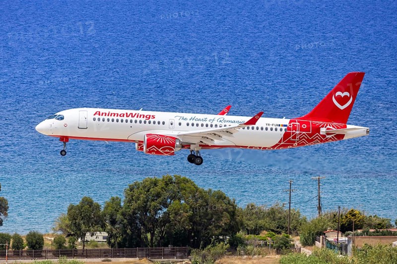 An AnimaWings Airbus A220-300 aircraft with the registration YR-FUN at Rhodes Airport, Greece