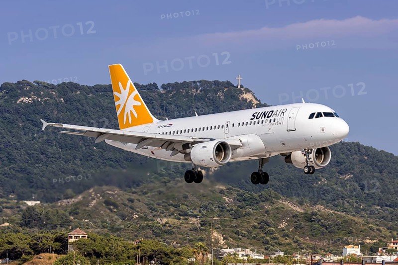 A Sundair Airbus A319 aircraft with the registration number 9A-ZAG at Rhodes Airport, Greece