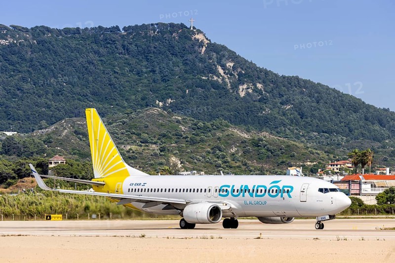 A Boeing 737-800 Sun d'Or aircraft with the registration number 4X-EKR at Rhodes Airport, Greece