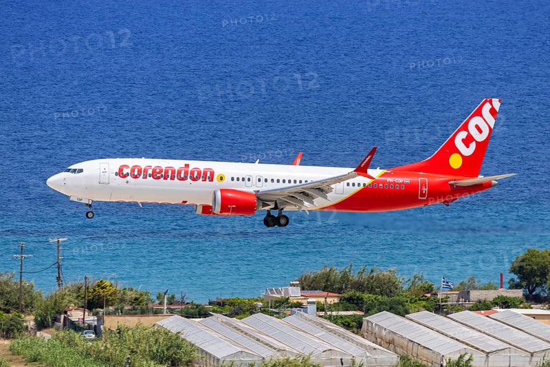A Boeing 737 MAX 9 aircraft of Corendon with the registration PH-CDP at Rhodes Airport, Greece