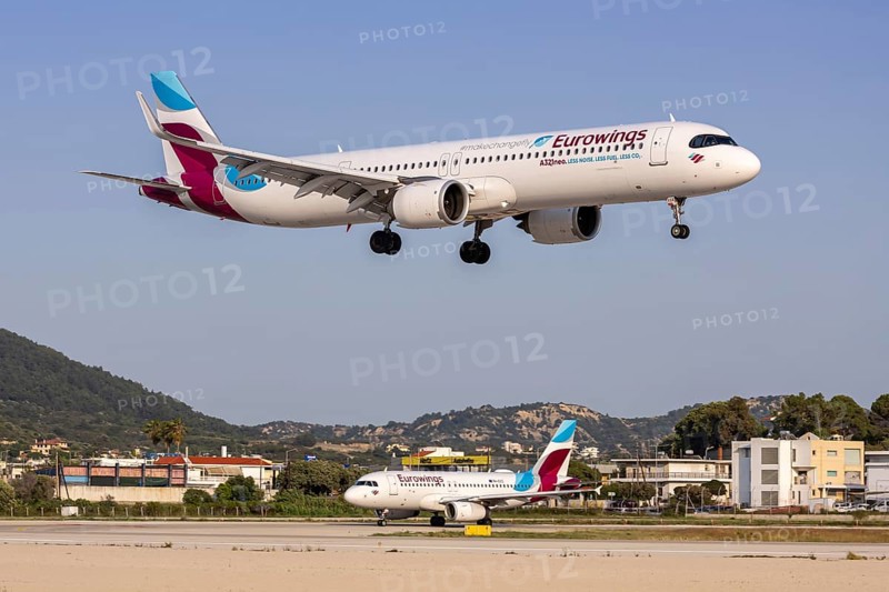 A Eurowings Airbus A321neo aircraft with the registration D-AEEB at Rhodes Airport, Greece
