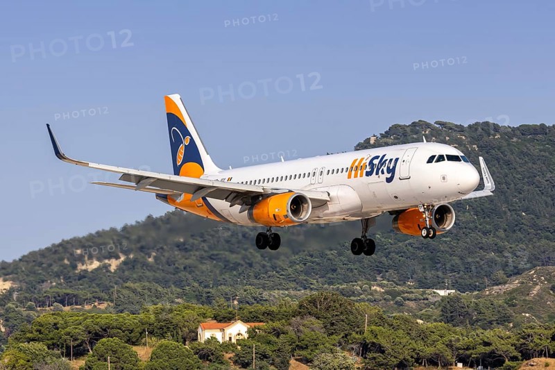 A HiSky Airbus A320 aircraft with the registration YR-JOY at Rhodes Airport, Greece