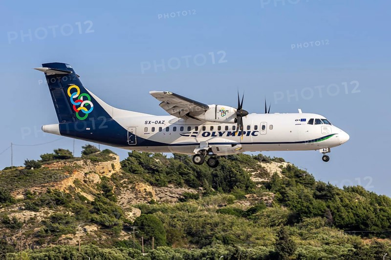 An ATR 42-600 aircraft of Olympic Air with the registration SX-OAZ at Rhodes Airport, Greece