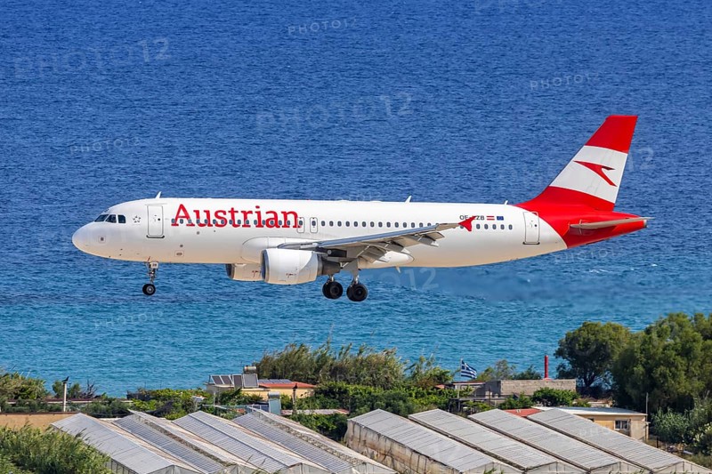 An Austrian Airlines Airbus A320 aircraft with the registration number OE-LZB at Rhodes Airport, Greece