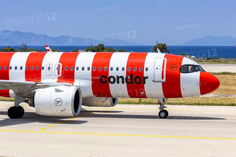 A Condor Airbus A320neo aircraft with the registration D-ANCZ at Rhodes Airport, Greece