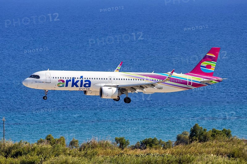 An Arkia Airbus A321LR aircraft with the registration number 4X-AGH at Rhodes Airport, Greece