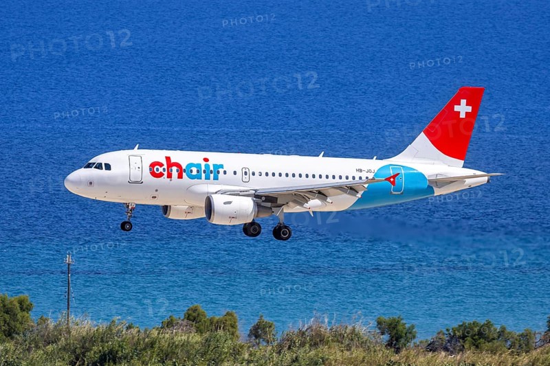 A Chair Airbus A319 aircraft with the registration HB-JOJ at Rhodes Airport, Greece