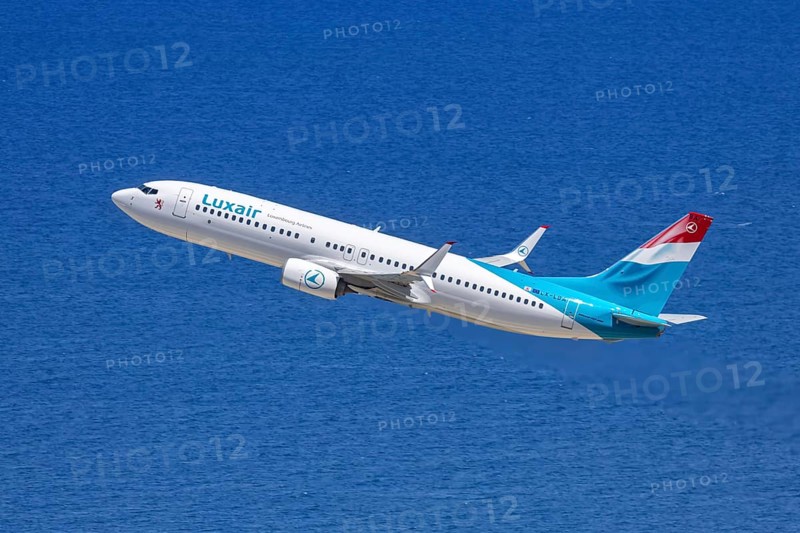 A Luxair Boeing 737-800 aircraft with the registration LX-LBA at Rhodes Airport, Greece