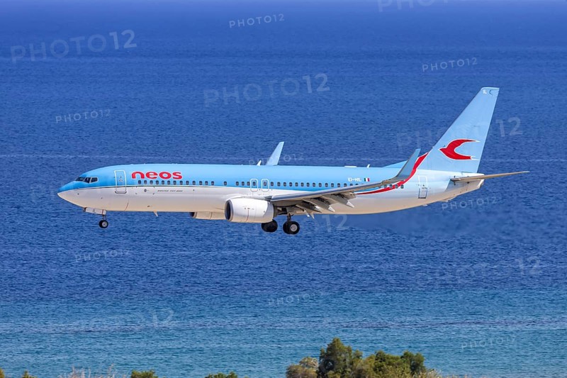 A Boeing 737-800 aircraft of Neos with the registration number EI-HIL at Rhodes Airport, Greece