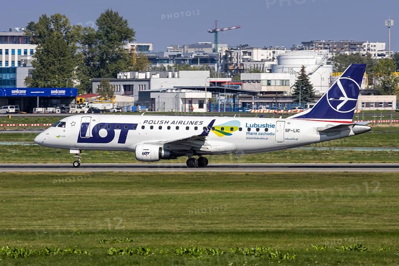 An Embraer 175 aircraft of LOT Polish Airlines with the licence plate SP-LIC and a Lubuskie sticker at the airport in Warsaw, Poland