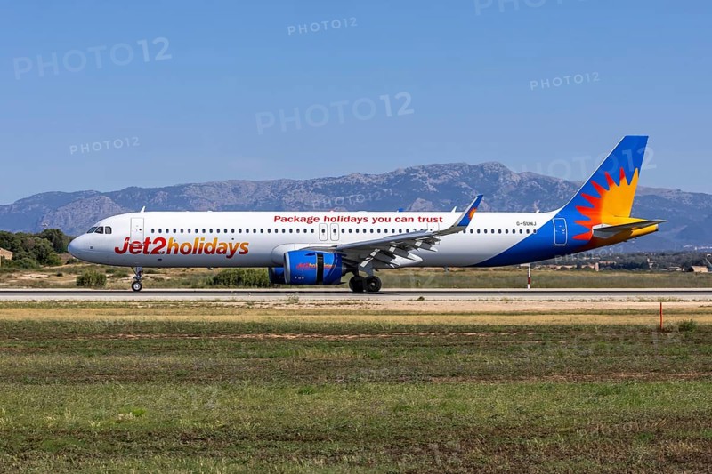 A Jet2 Airbus A321neo aircraft with the registration G-SUNJ at Palma de Majorca Airport, Spain