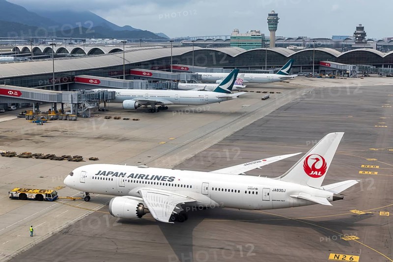 A Boeing 787-8 Dreamliner aircraft of Japan Airlines with the registration JA830J at Chek Lap Kok Airport (HKG) in Hong Kong, China