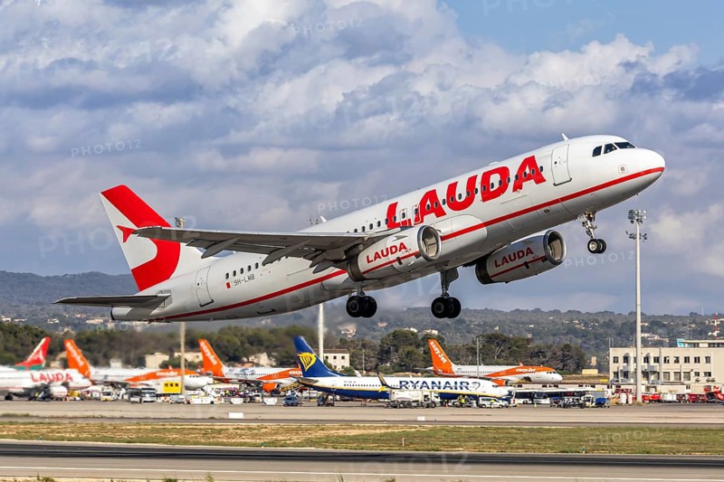 A Lauda Europe Airbus A320 aircraft with the registration 9H-LMB at Palma de Majorca Airport, Spain