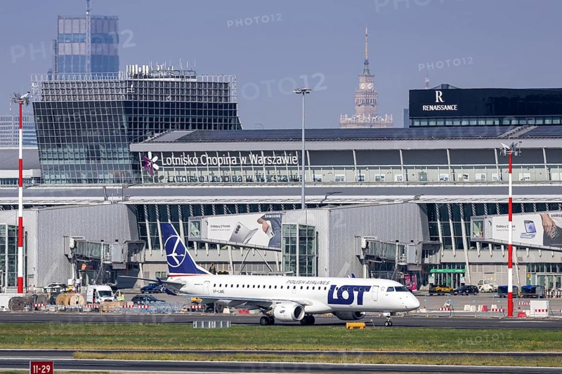 An Embraer 190 aircraft of LOT Polish Airlines with the registration number SP-LME at the airport in Warsaw, Poland
