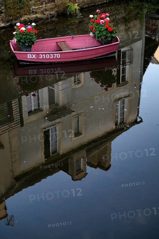 Boat, pink, pink, decorated with flowers, on the river Aure, reflection, tanners' quarter, old town, Bayeux, Normandy, Calvados, France
