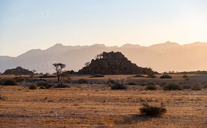 Desert landscape in the evening light at sunset, barren landscape with hills of stacked rocks, backlit, Brandberg in the background, Erongo, Damaraland, Namibia