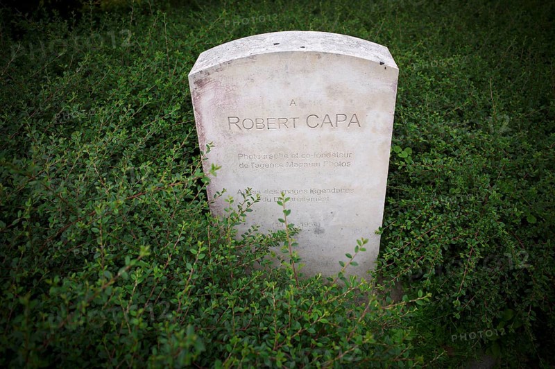Separate memorial stone for war reporter Robert Capa, actually André Endre Erno Friedman, Mémorial des Réporters, memorial to freedom of the press, memorial to journalists and photographers killed in the line of duty, Bayeux, Normandy, Calvados, France