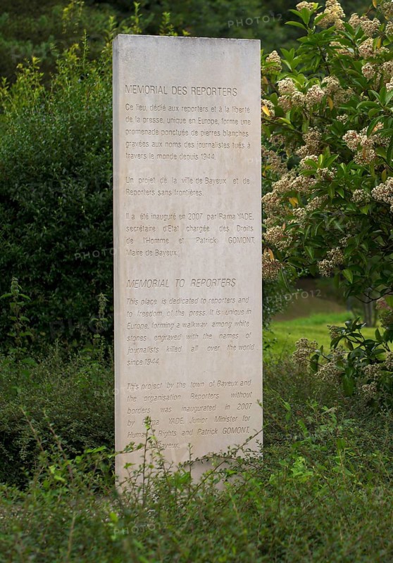 Stelae at the Mémorial des Réporters, memorial to the freedom of the press, memorial to journalists and photographers killed in the line of duty, Bayeux, Normandy, Calvados, France