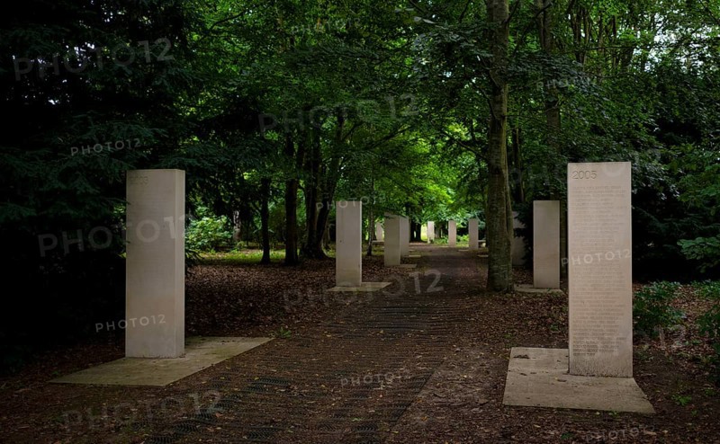 Stelae at the Mémorial des Réporters, memorial to the freedom of the press, memorial to journalists and photographers killed in the line of duty, Bayeux, Normandy, Calvados, France