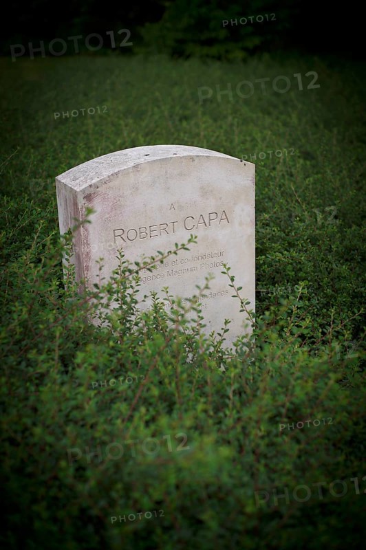 Separate memorial stone for war reporter Robert Capa, actually André Endre Erno Friedman, Mémorial des Réporters, memorial to freedom of the press, memorial to journalists and photographers killed in the line of duty, Bayeux, Normandy, Calvados, France