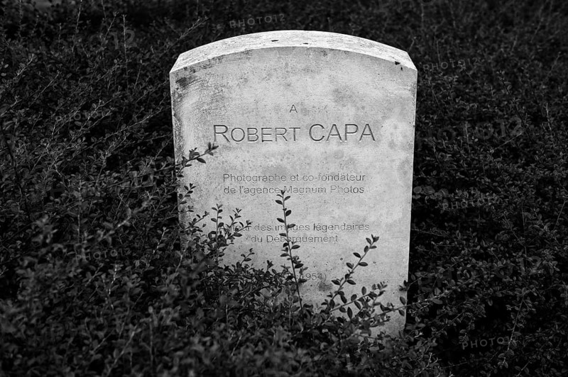 Separate memorial stone for war reporter Robert Capa, actually André Endre Erno Friedman, Mémorial des Réporters, memorial to freedom of the press, memorial to journalists and photographers killed in the line of duty, black and white, Bayeux, Normandy, Calvados, France