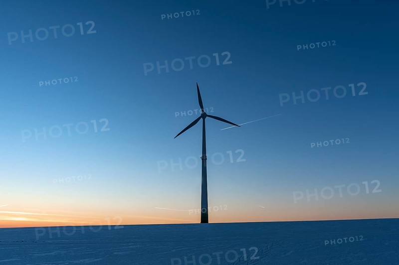 Wind turbine in winter in the evening sky, Karsberg, Upper Franconia, Bavaria, Germany