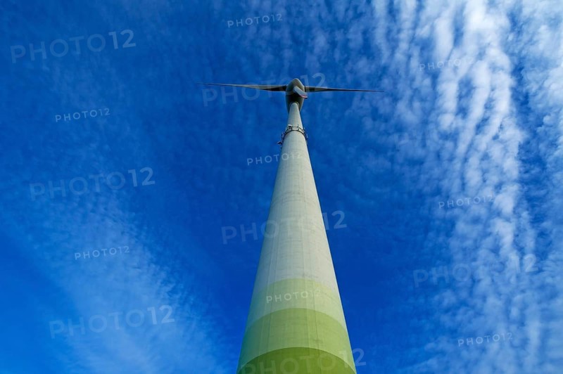 Wind turbine with small fleecy clouds (cirrocumulus) in the sky, Karsberg, Upper Franconia, Bavaria, Germany