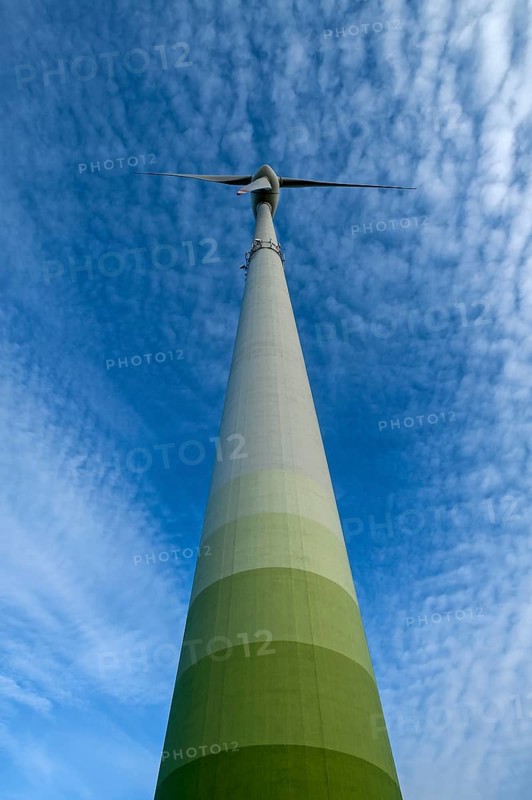 Wind turbine with small fleecy clouds (cirrocumulus) in the sky, Karsberg, Upper Franconia, Bavaria, Germany