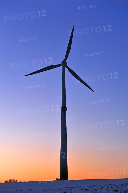Wind turbine against the wintry evening sky, Karsberg, Upper Franconia, Bavaria, Germany, Europe, PublicGround